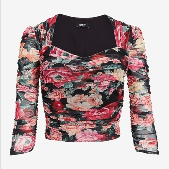 Express Tops - Body Contour Floral Mesh Cropped Top With Removable Cups